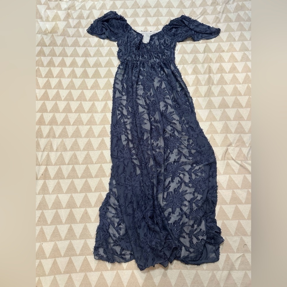 Tanya Taylor leonie lace flutter sleeve blue wire u neck gown